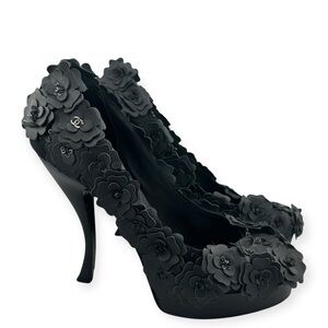 Chanel Black Camellia Flower-Embellished Pumps